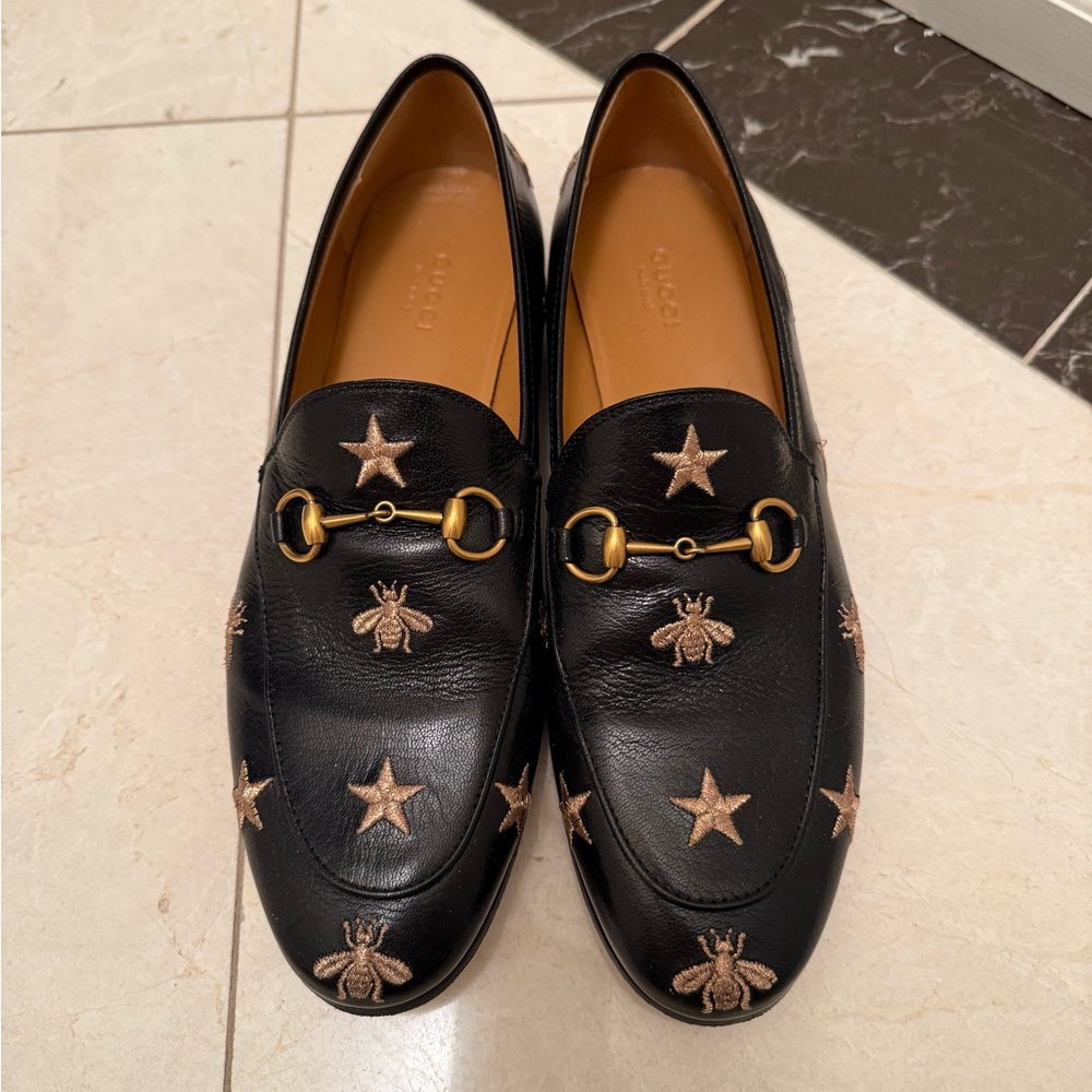 Gucci Black Leather Horsebit Loafers with Gold Embroidered Stars & Bees - Picture 2 of 7